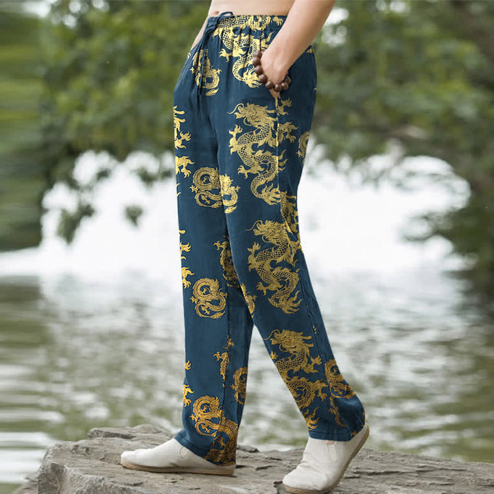 Buddha Stones Pantalon fuselé pour homme en coton à motif dragon doré avec poches - image 5