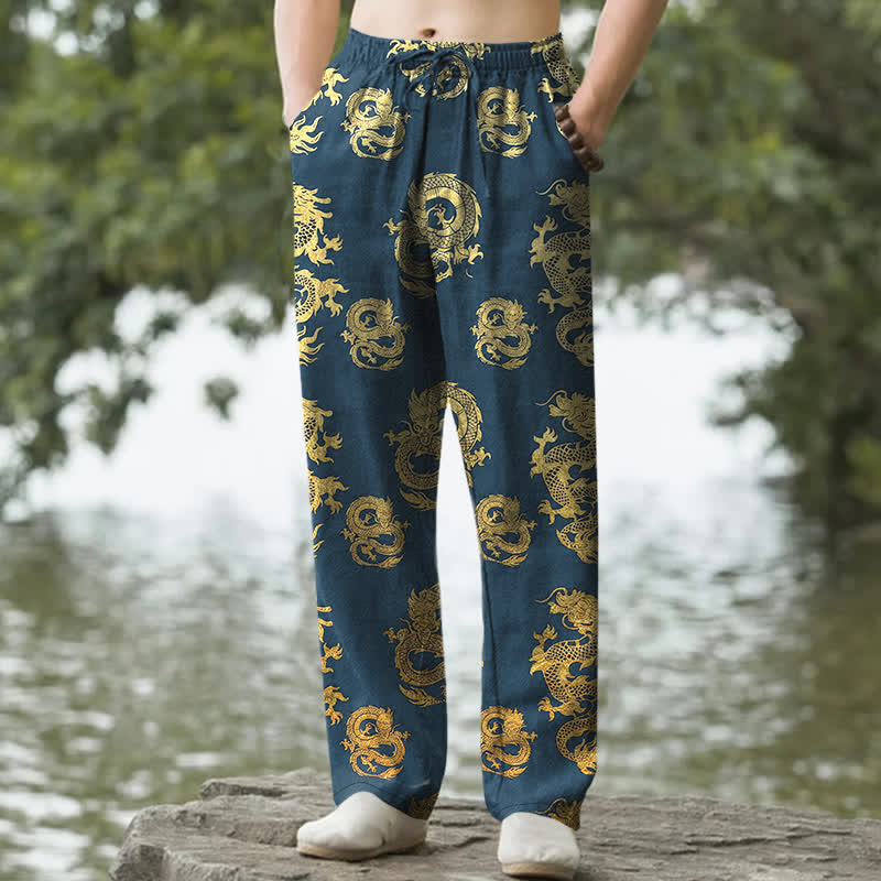Buddha Stones Pantalon fuselé pour homme en coton à motif dragon doré avec poches - SteelBlue - US/UK/AU50，EU60 (5XL) - image 4