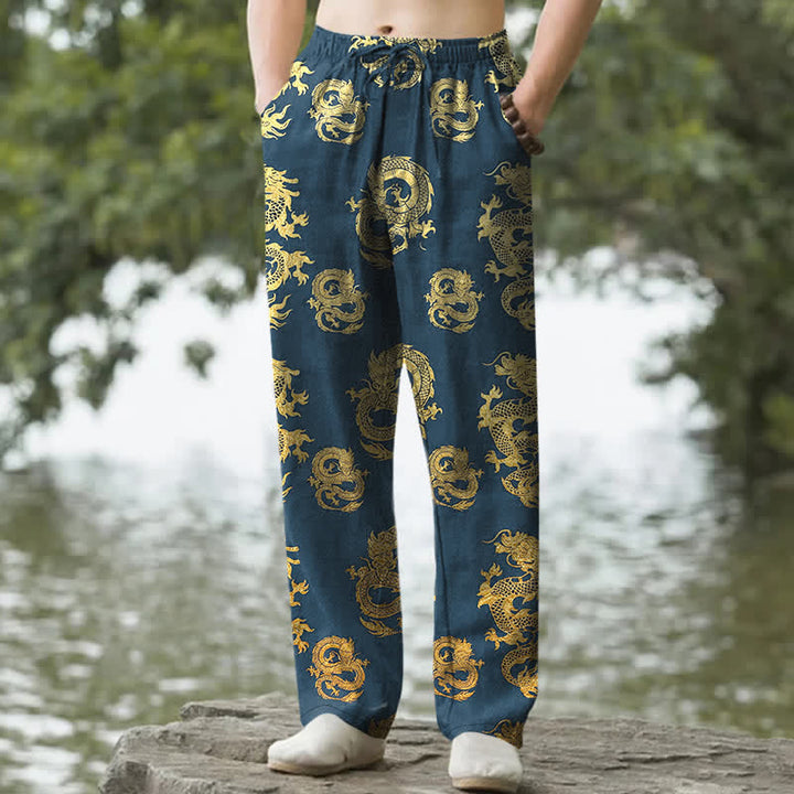 Buddha Stones Pantalon fuselé pour homme en coton à motif dragon doré avec poches - SteelBlue - US/UK/AU50，EU60 (5XL) - image 4