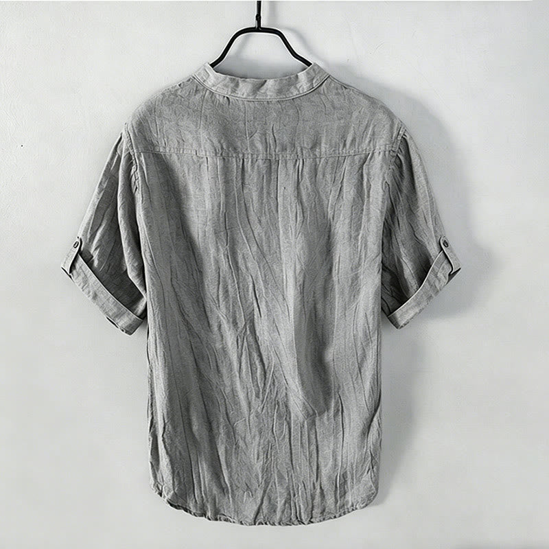 Buddha Stones Chemise d'été à manches courtes pour homme, demi-boutons et manches retroussées, en coton et lin. - image 1