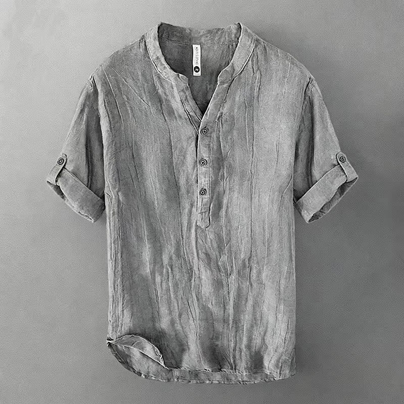 Buddha Stones Chemise d'été à manches courtes pour homme, demi-boutons et manches retroussées, en coton et lin. - Gris - US/UK/AU46，EU56 (3XL) - image 0