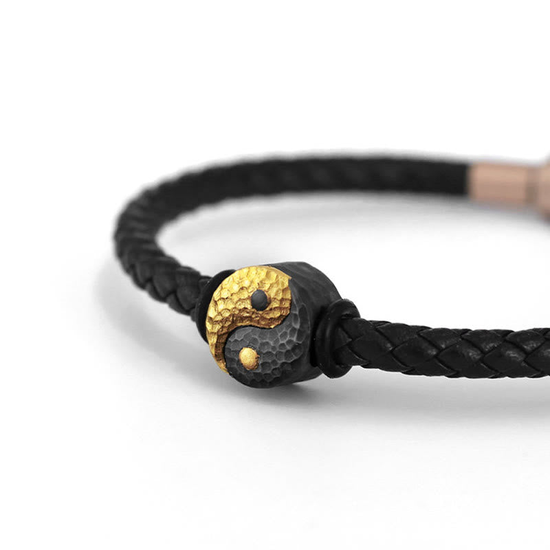 Buddha Stones Bracelet en cuir avec symbole Yin Yang Bagua et symbole d'équilibre, en argent sterling 925 et or 999. - image 8