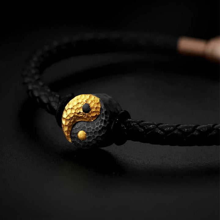 Buddha Stones Bracelet en cuir avec symbole Yin Yang Bagua et symbole d'équilibre, en argent sterling 925 et or 999. - image 1