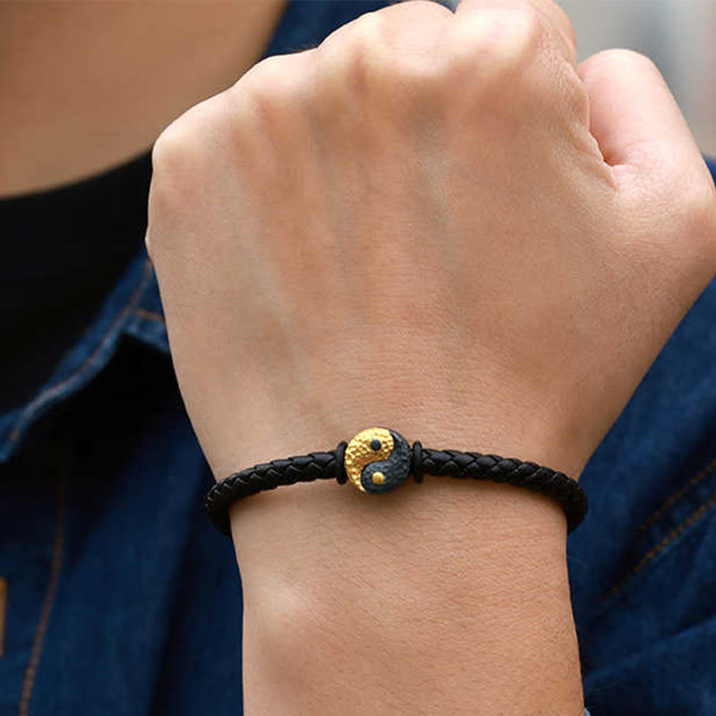 Buddha Stones Bracelet en cuir avec symbole Yin Yang Bagua et symbole d'équilibre, en argent sterling 925 et or 999. - image 10
