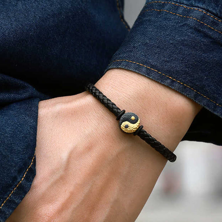 Buddha Stones Bracelet en cuir avec symbole Yin Yang Bagua et symbole d'équilibre, en argent sterling 925 et or 999. - image 3