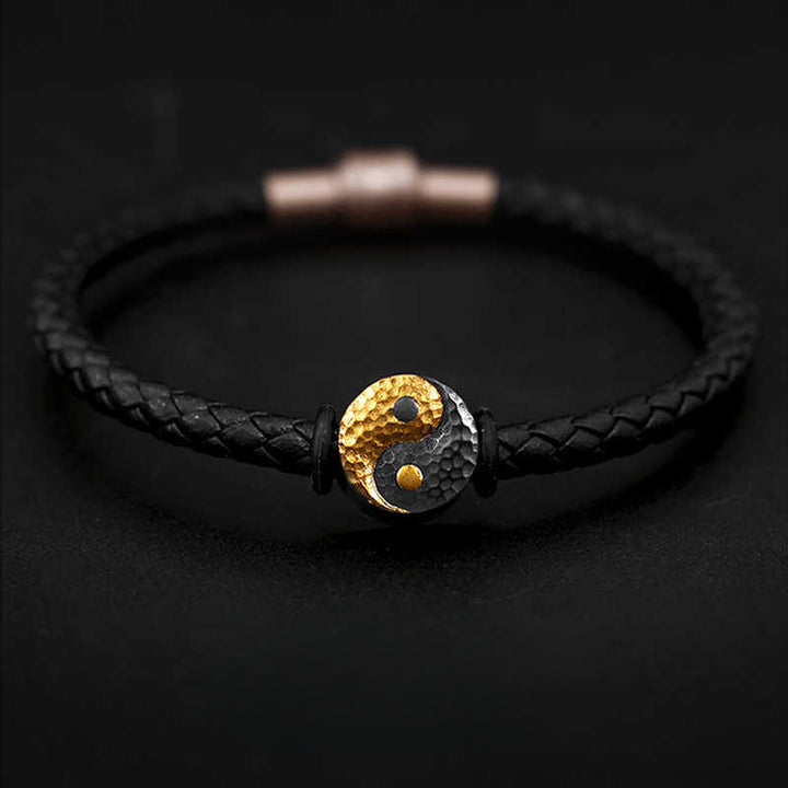 Buddha Stones Bracelet en cuir avec symbole Yin Yang Bagua et symbole d'équilibre, en argent sterling 925 et or 999. - 20 cm - image 0