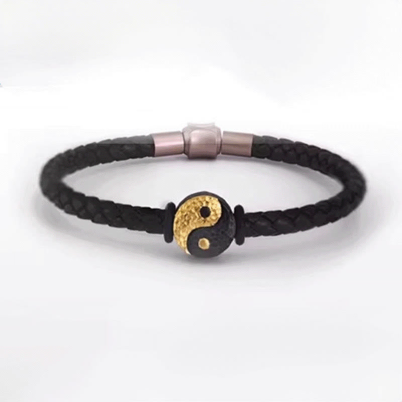 Buddha Stones Bracelet en cuir avec symbole Yin Yang Bagua et symbole d'équilibre, en argent sterling 925 et or 999. - image 12