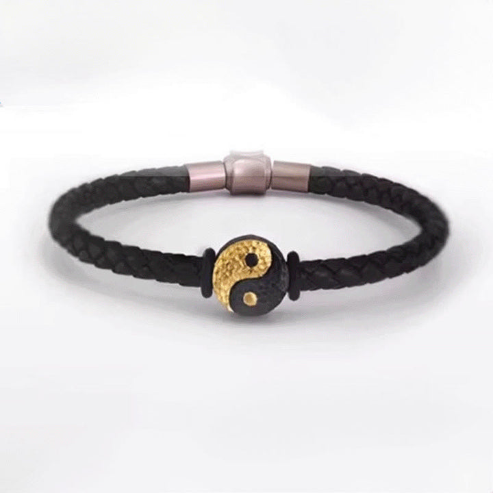 Buddha Stones Bracelet en cuir avec symbole Yin Yang Bagua et symbole d'équilibre, en argent sterling 925 et or 999. - image 12