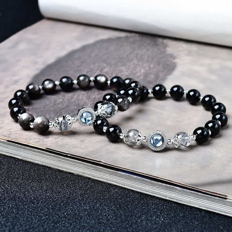 Buddha Stones Bracelet de purification en obsidienne noire, argent et zircon. - image 6