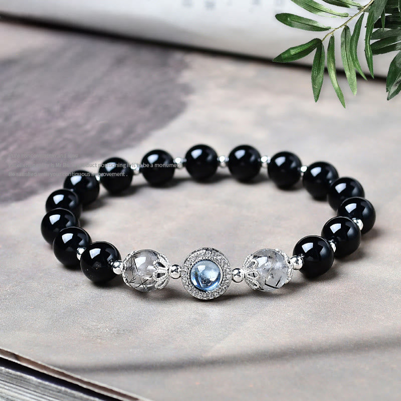 Buddha Stones Bracelet de purification en obsidienne noire, argent et zircon. - Obsidienne noire - 8 mm (Tour de poignet : 15-16 cm) - image 0