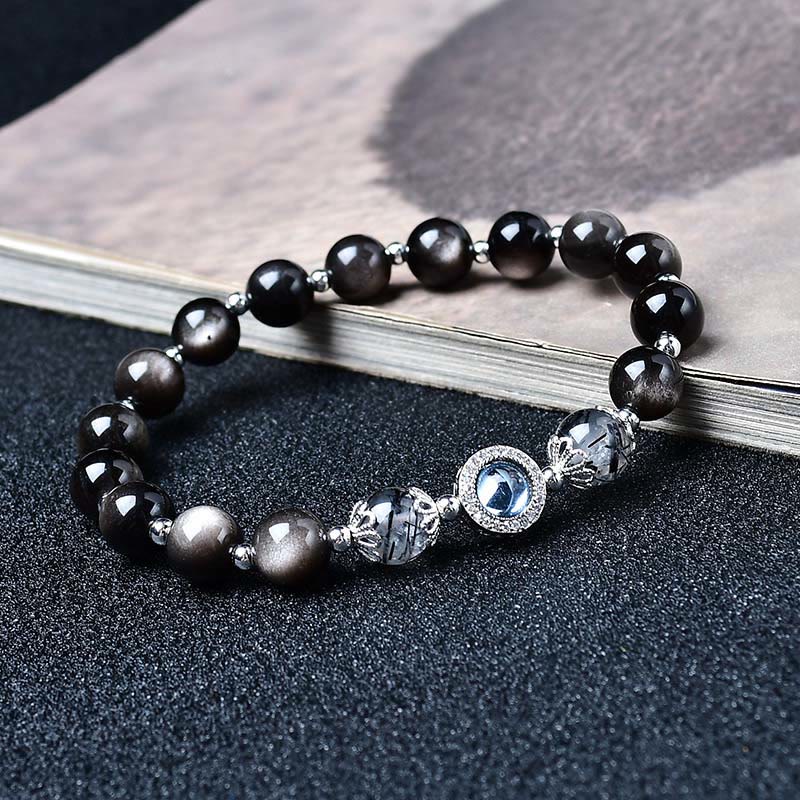 Buddha Stones Bracelet de purification en obsidienne noire, argent et zircon. - Obsidienne à reflets argentés - 8 mm (Tour de poignet : 15-16 cm) - image 4