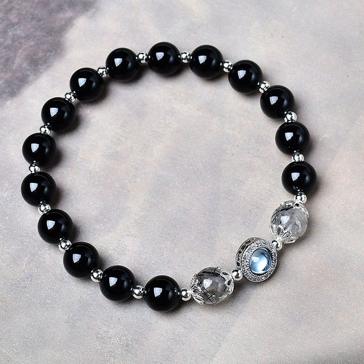 Buddha Stones Bracelet de purification en obsidienne noire, argent et zircon. - image 1