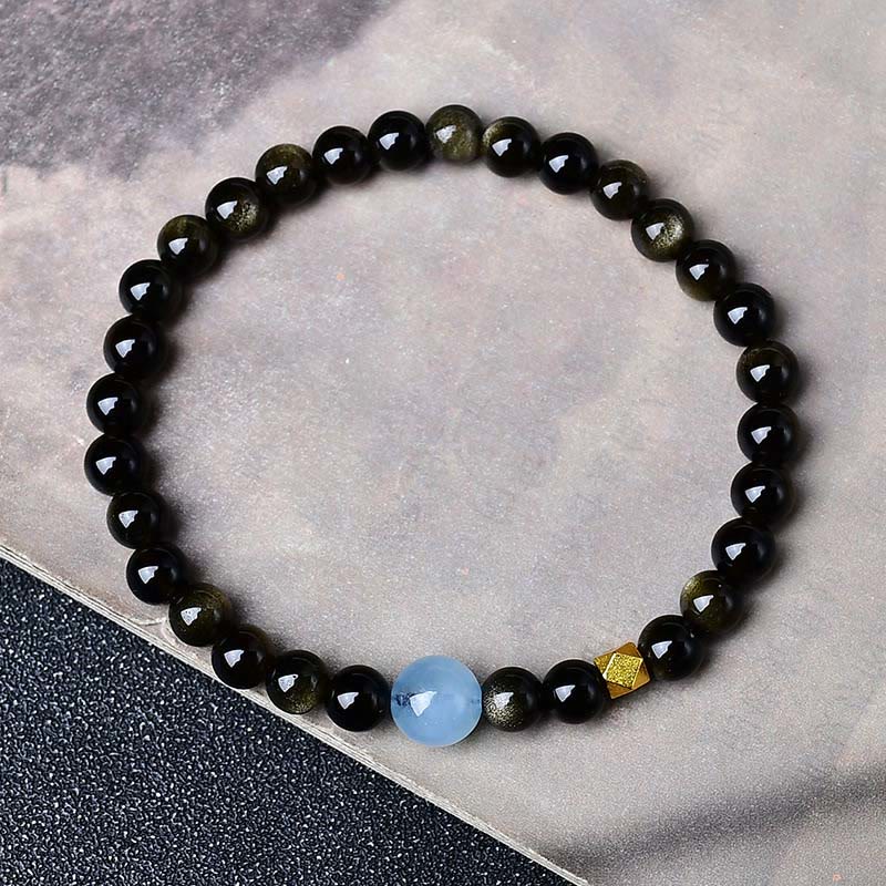 Buddha Stones Bracelet de protection en perles d'obsidienne à reflets dorés naturels - Obsidienne à reflets dorés - 10 mm (Tour de poignet : 16-17 cm) - image 1