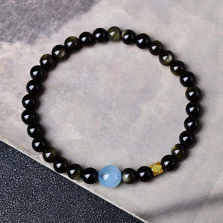Buddha Stones Bracelet de protection en perles d'obsidienne à reflets dorés naturels - Obsidienne à reflets dorés - 10 mm (Tour de poignet : 16-17 cm) - image 1
