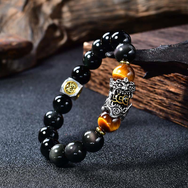 Buddha Stones Bracelet de transformation PiXiu en œil de tigre d'obsidienne noire naturelle - 14 mm (Tour de poignet : 18-19 cm) - image 0