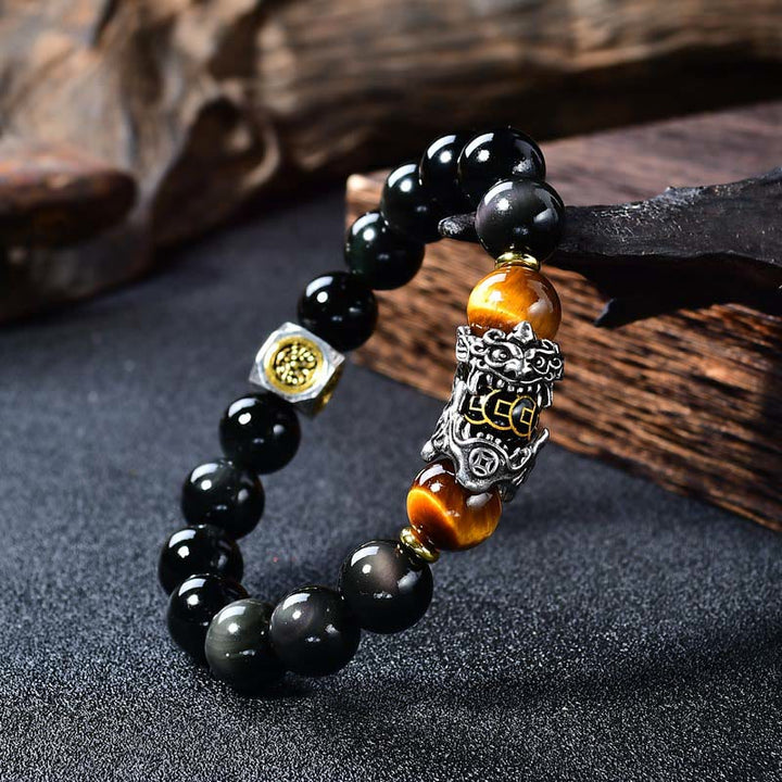 Buddha Stones Bracelet de transformation PiXiu en œil de tigre d'obsidienne noire naturelle - 14 mm (Tour de poignet : 18-19 cm) - image 0