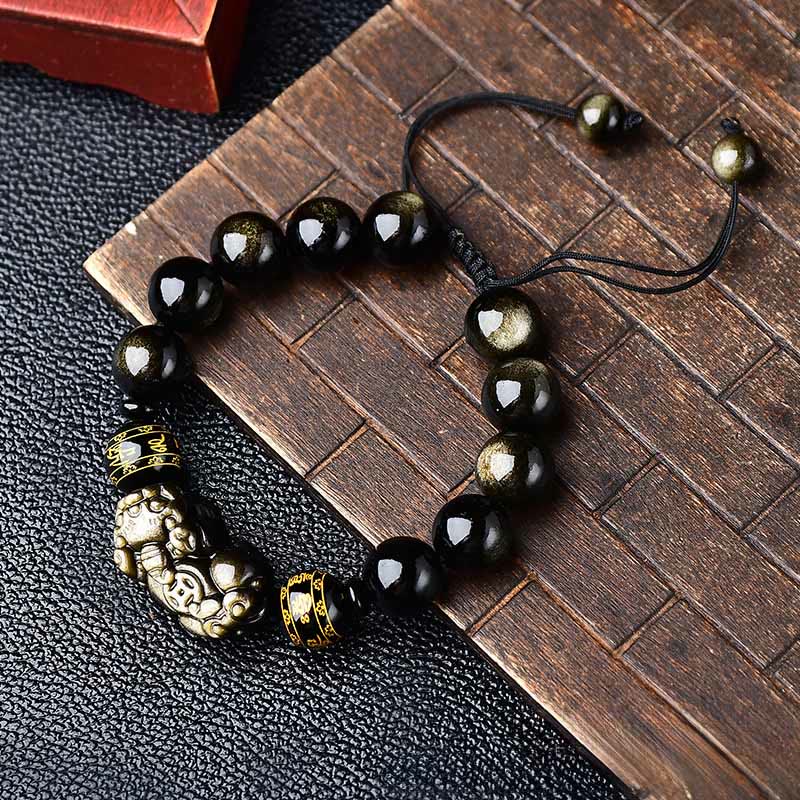 Buddha Stones Bracelet de protection PiXiu Om Mani Padme Hum en obsidienne à reflets dorés naturels - 14 mm (Tour de poignet : 18-19 cm) - image 10