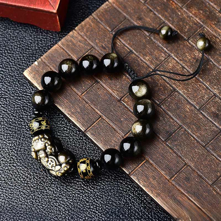 Buddha Stones Bracelet de protection PiXiu Om Mani Padme Hum en obsidienne à reflets dorés naturels - 14 mm (Tour de poignet : 18-19 cm) - image 10