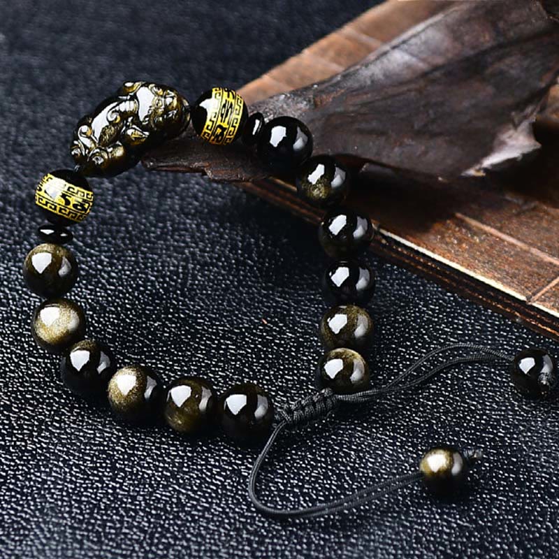 Buddha Stones Bracelet de protection PiXiu Om Mani Padme Hum en obsidienne à reflets dorés naturels - image 3