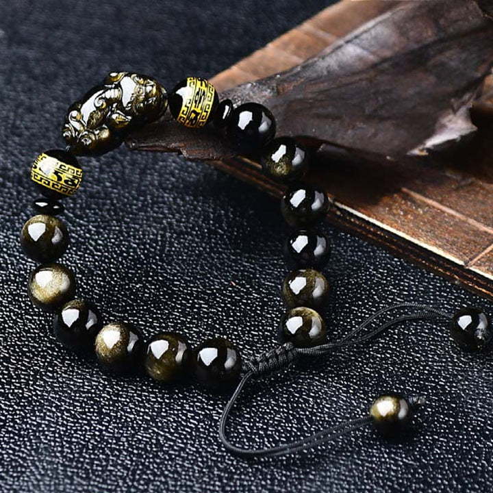 Buddha Stones Bracelet de protection PiXiu Om Mani Padme Hum en obsidienne à reflets dorés naturels - image 3