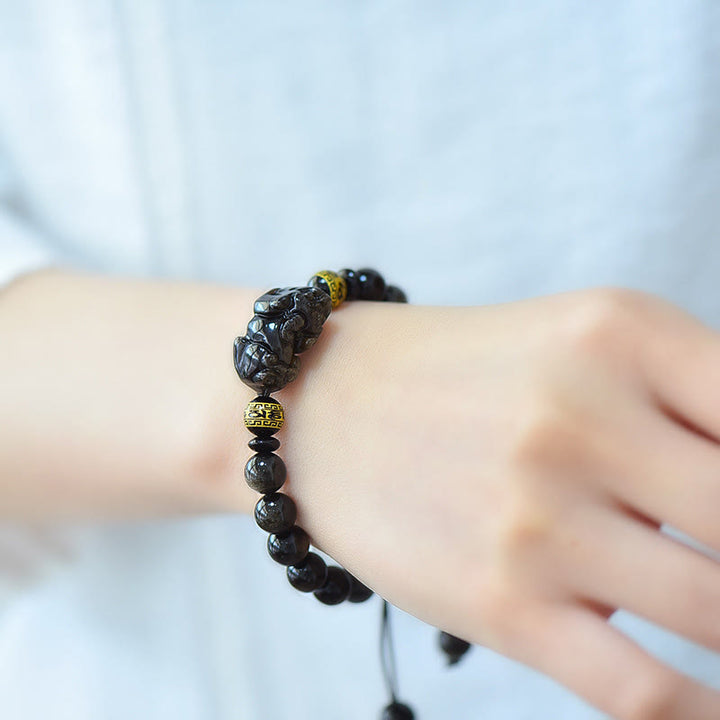 Buddha Stones Bracelet de protection PiXiu Om Mani Padme Hum en obsidienne à reflets dorés naturels - image 4