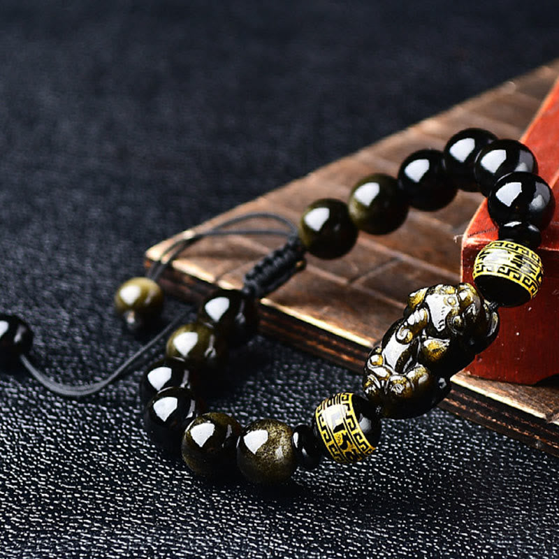 Buddha Stones Bracelet de protection PiXiu Om Mani Padme Hum en obsidienne à reflets dorés naturels - image 1
