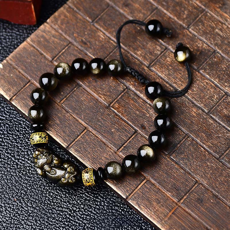Buddha Stones Bracelet de protection PiXiu Om Mani Padme Hum en obsidienne à reflets dorés naturels - image 2