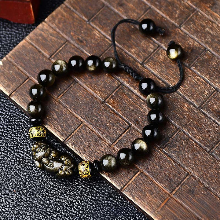 Buddha Stones Bracelet de protection PiXiu Om Mani Padme Hum en obsidienne à reflets dorés naturels - image 2