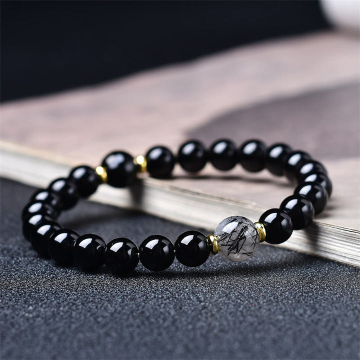 Buddha Stones Bracelet de purification en obsidienne noire naturelle et quartz rutile noir - 10 mm (Tour de poignet : 16-17 cm) - image 0
