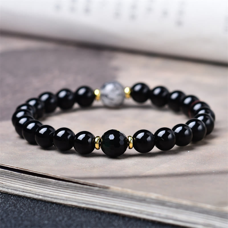 Buddha Stones Bracelet de purification en obsidienne noire naturelle et quartz rutile noir - image 4