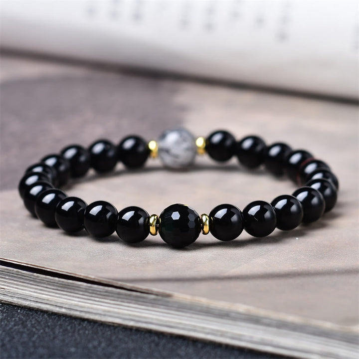 Buddha Stones Bracelet de purification en obsidienne noire naturelle et quartz rutile noir - image 4