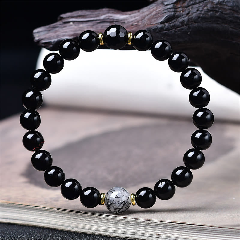 Buddha Stones Bracelet de purification en obsidienne noire naturelle et quartz rutile noir - image 2
