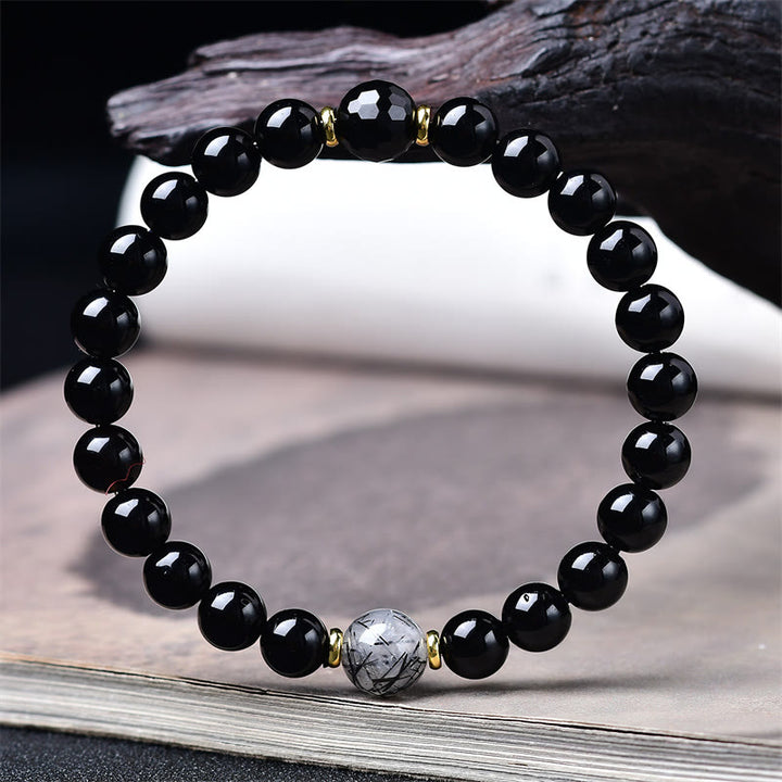 Buddha Stones Bracelet de purification en obsidienne noire naturelle et quartz rutile noir - image 2