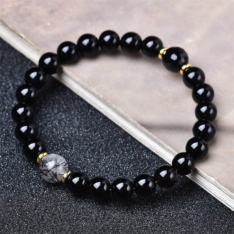 Buddha Stones Bracelet de purification en obsidienne noire naturelle et quartz rutile noir - image 1