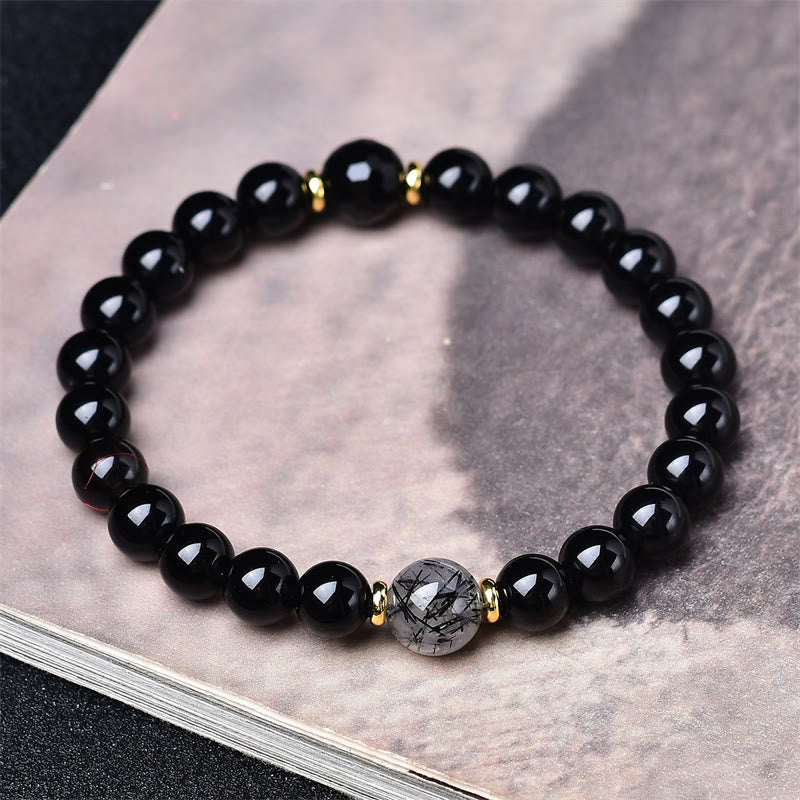 Buddha Stones Bracelet de purification en obsidienne noire naturelle et quartz rutile noir - image 3