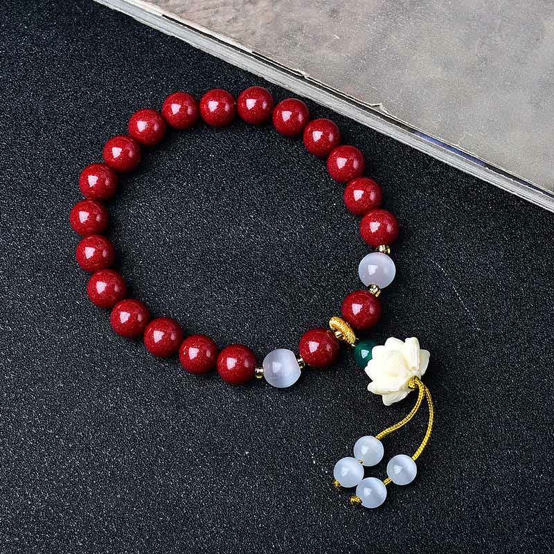 Buddha Stones Bracelet de bénédiction avec breloque lotus en ivoire œil de chat et cinabre naturel - image 3