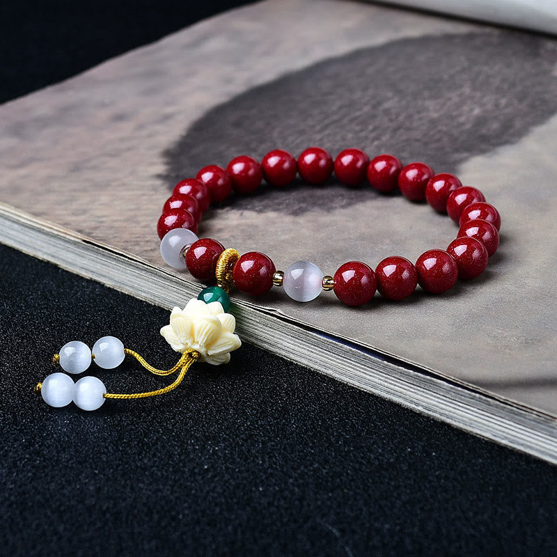 Buddha Stones Bracelet de bénédiction avec breloque lotus en ivoire œil de chat et cinabre naturel - image 2