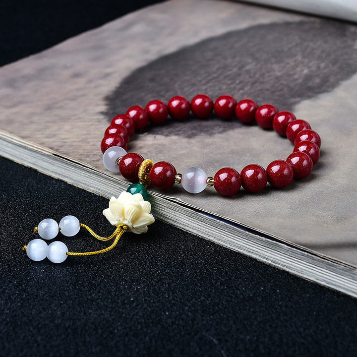 Buddha Stones Bracelet de bénédiction avec breloque lotus en ivoire œil de chat et cinabre naturel - image 2