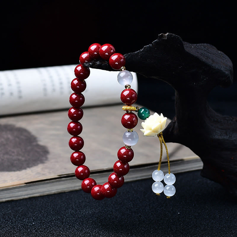 Buddha Stones Bracelet de bénédiction avec breloque lotus en ivoire œil de chat et cinabre naturel - image 1