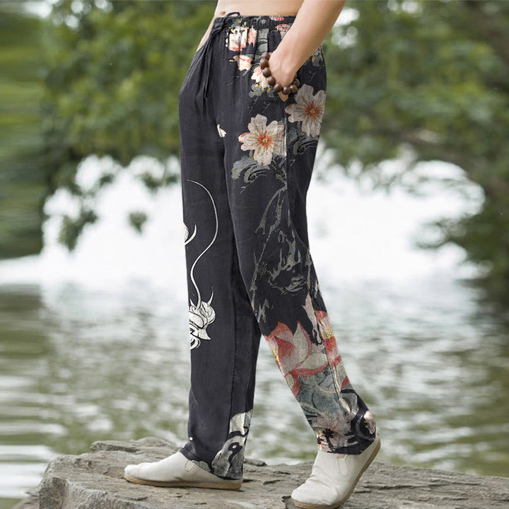 Buddha Stones Pantalon fuselé pour homme en coton à motif oriental dragon et lotus, avec poches - image 1