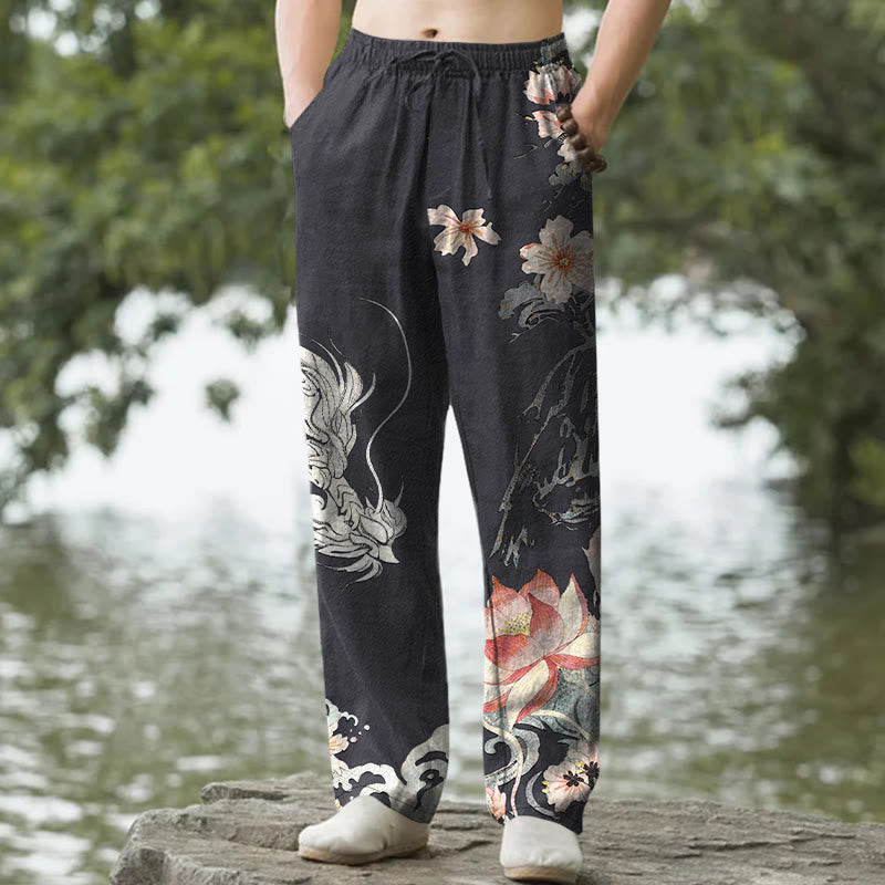 Buddha Stones Pantalon fuselé pour homme en coton à motif oriental dragon et lotus, avec poches - Noir - US/UK/AU50，EU60 (5XL) - image 0