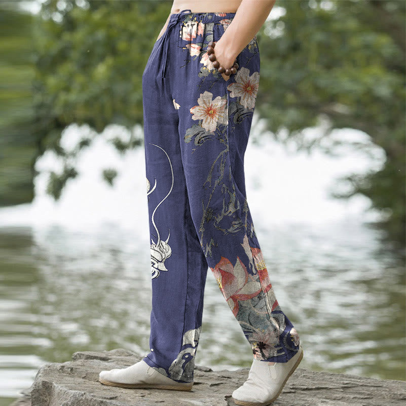 Buddha Stones Pantalon fuselé pour homme en coton à motif oriental dragon et lotus, avec poches - image 5