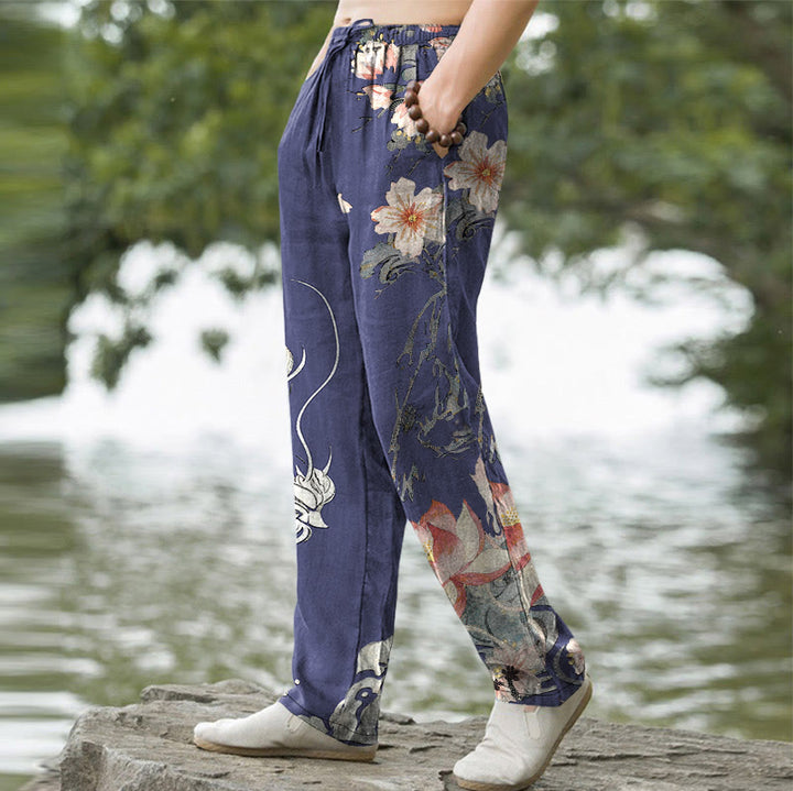 Buddha Stones Pantalon fuselé pour homme en coton à motif oriental dragon et lotus, avec poches - image 5