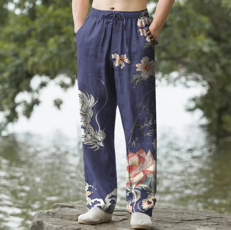 Buddha Stones Pantalon fuselé pour homme en coton à motif oriental dragon et lotus, avec poches - Marine - US/UK/AU50，EU60 (5XL) - image 4
