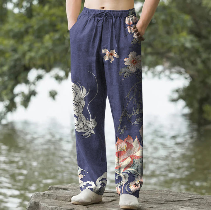 Buddha Stones Pantalon fuselé pour homme en coton à motif oriental dragon et lotus, avec poches - Marine - US/UK/AU50，EU60 (5XL) - image 4