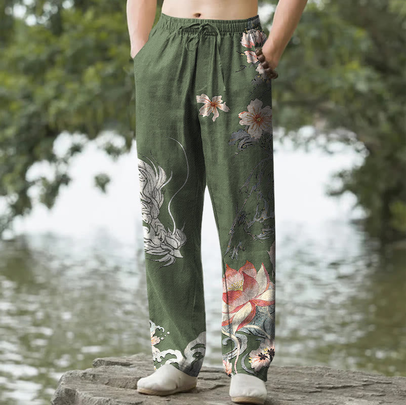 Buddha Stones Pantalon fuselé pour homme en coton à motif oriental dragon et lotus, avec poches - Vert olive foncé - US/UK/AU50，EU60 (5XL) - image 6
