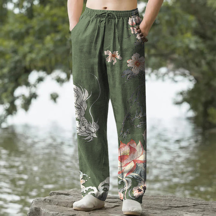 Buddha Stones Pantalon fuselé pour homme en coton à motif oriental dragon et lotus, avec poches - Vert olive foncé - US/UK/AU50，EU60 (5XL) - image 6
