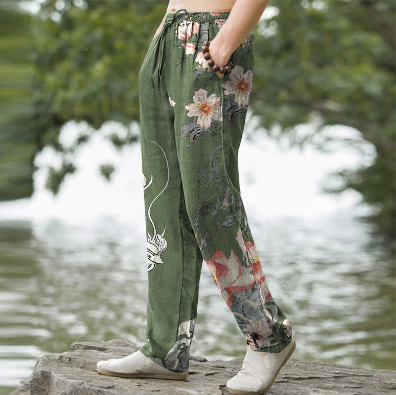 Buddha Stones Pantalon fuselé pour homme en coton à motif oriental dragon et lotus, avec poches - image 7