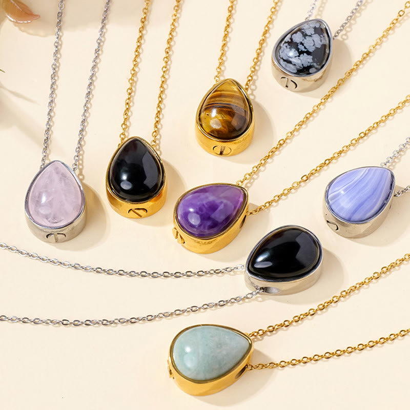 Buddha Stones Collier pendentif en forme de larme, orné d'agate dentelle bleue naturelle, de quartz rose et d'onyx noir. - image 25