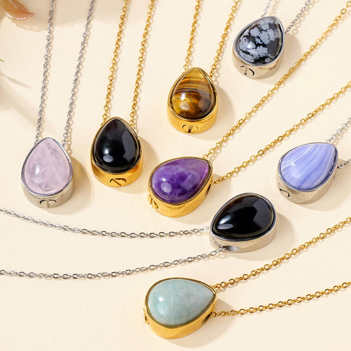Buddha Stones Collier pendentif en forme de larme, orné d'agate dentelle bleue naturelle, de quartz rose et d'onyx noir. - image 25